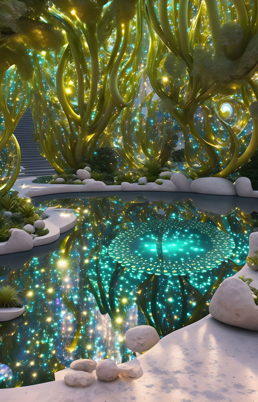 Enchanted starlit garden with glowing trees and reflective pond