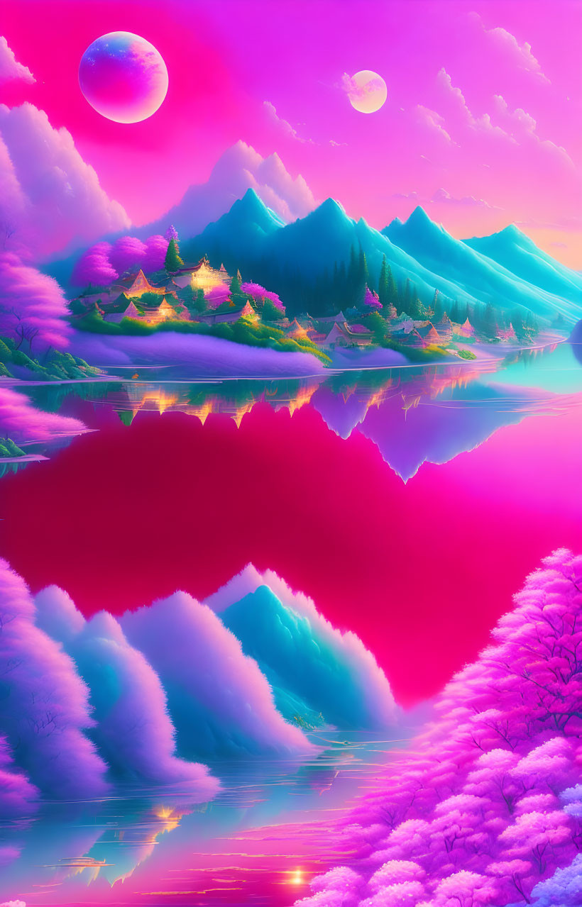 Colorful Fantasy Landscape with Mountains, Trees, and Dual Moons