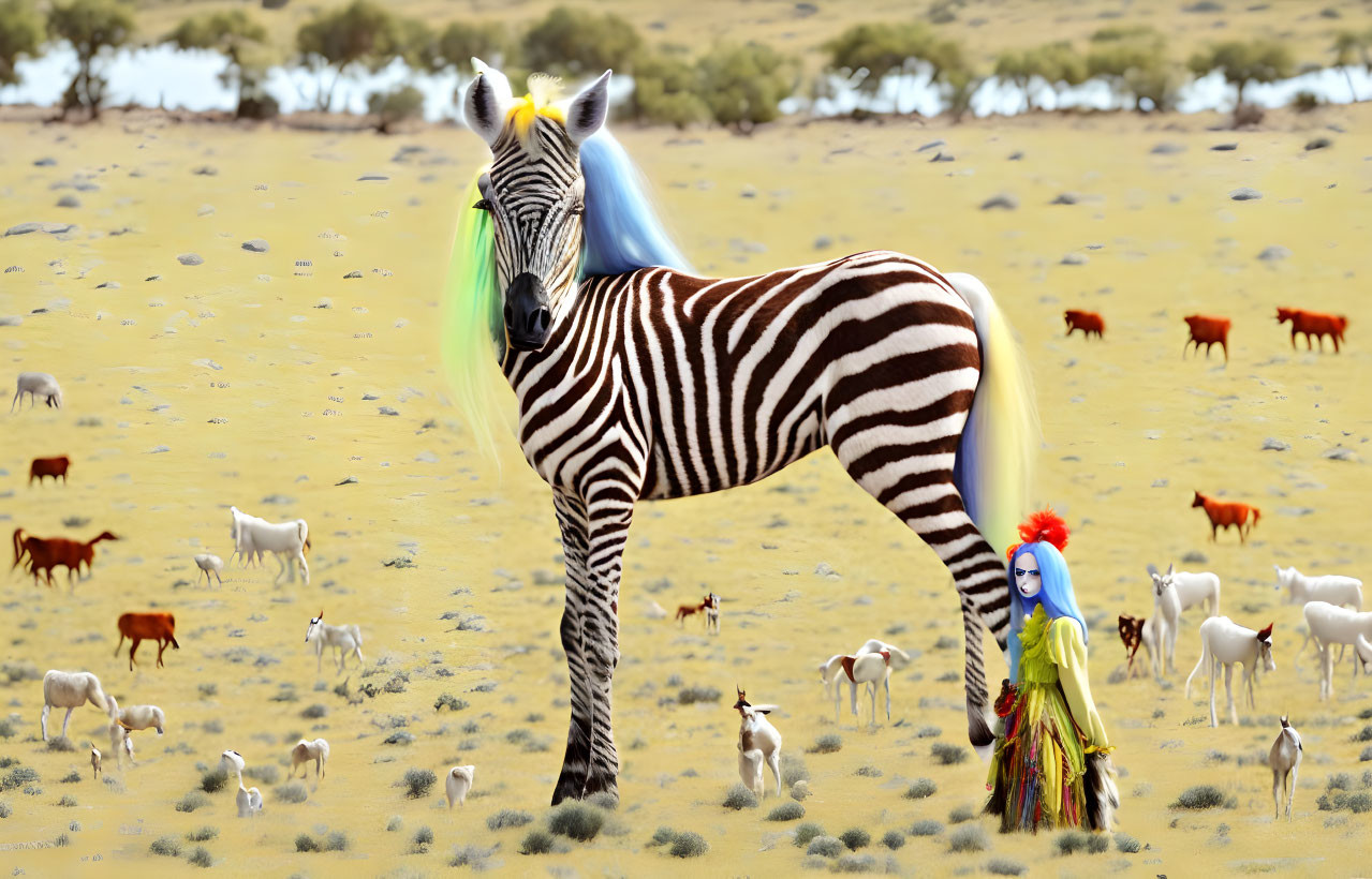 Colorful Zebra with Vibrant Mane in Savannah with Diverse Wildlife