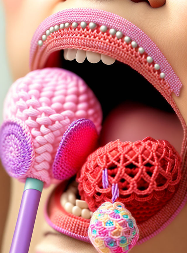 Whimsical illustration of zipper mouth with crocheted spheres