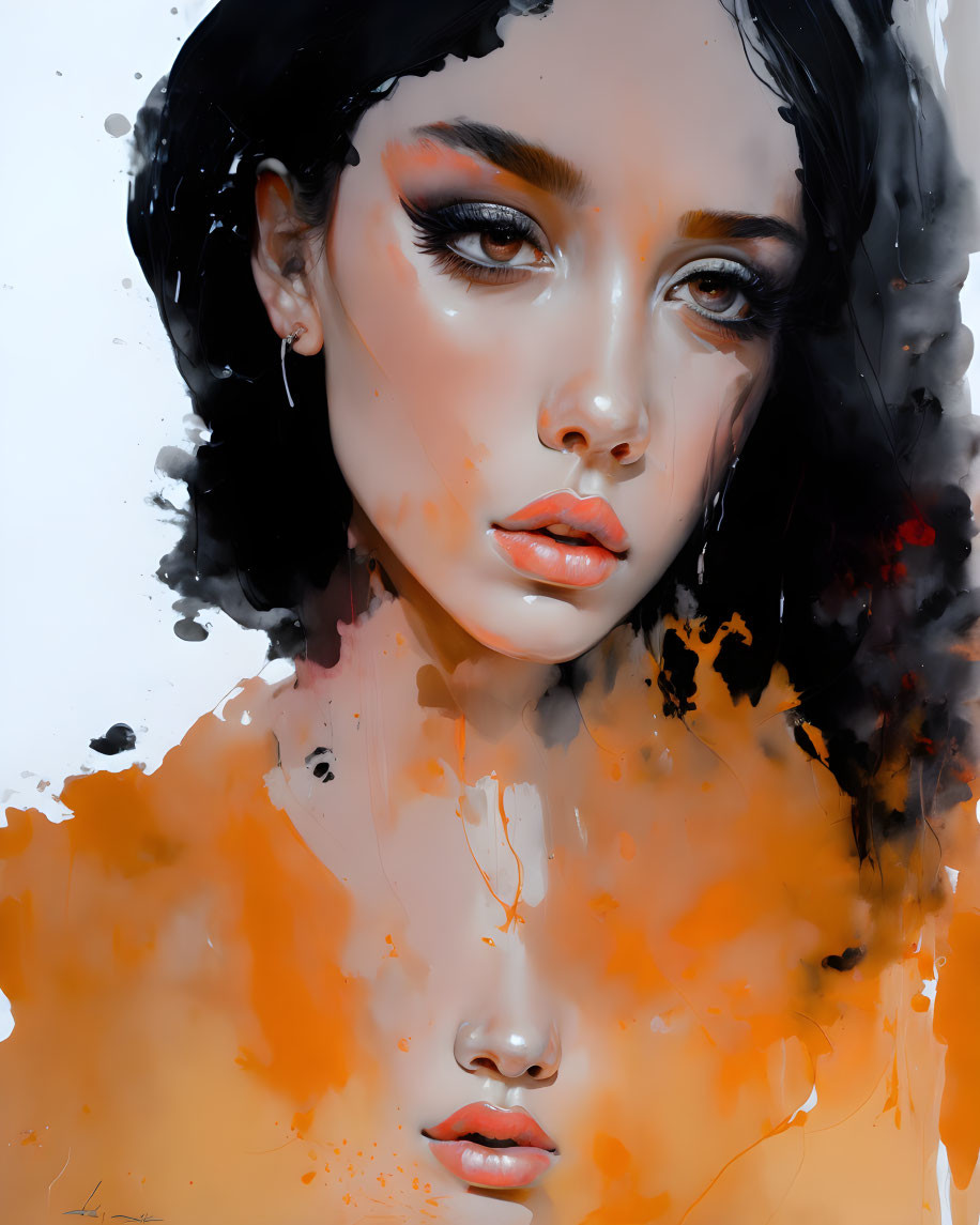 Digital portrait of woman with striking makeup and orange splatters on white backdrop