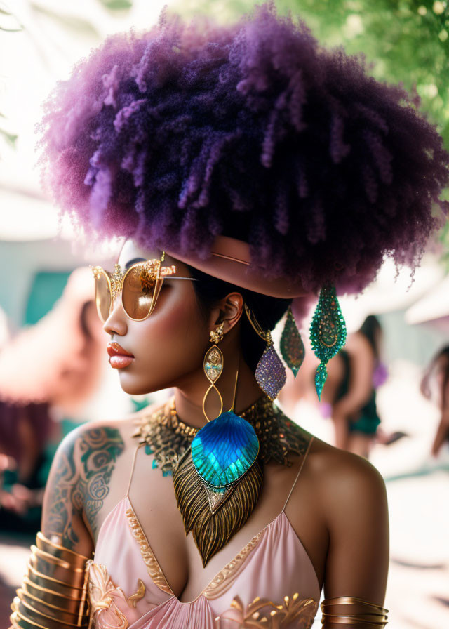 Voluminous purple afro hair, gold sunglasses, teal earrings, metallic choker, rosy