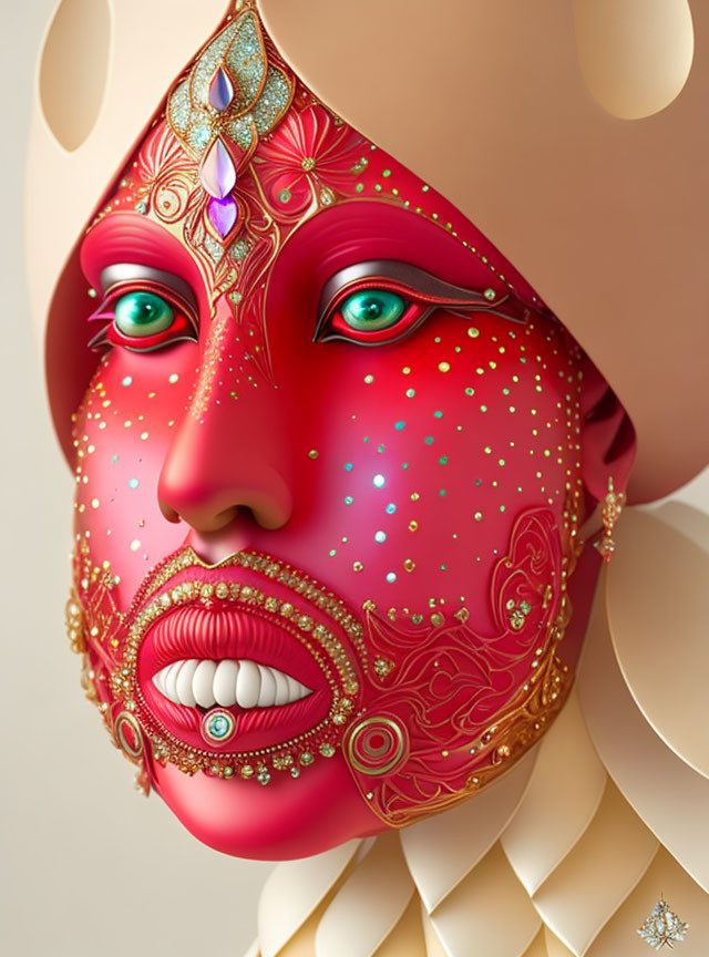 Colorful face illustration with red and gold mask and jeweled headpiece