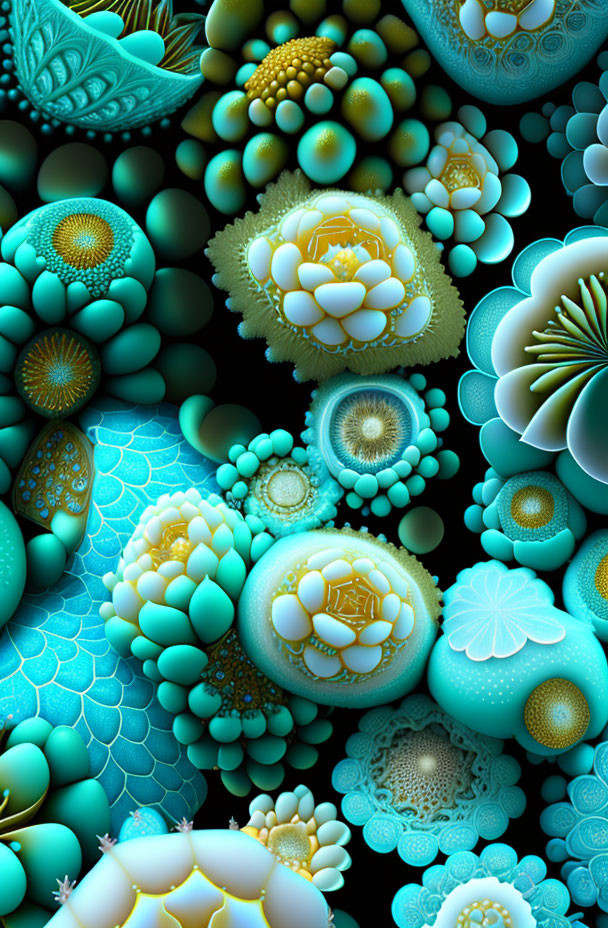 Intricate fractal patterns in blue, green, and yellow.