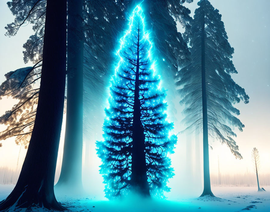 Blue glowing tree in misty winter forest setting