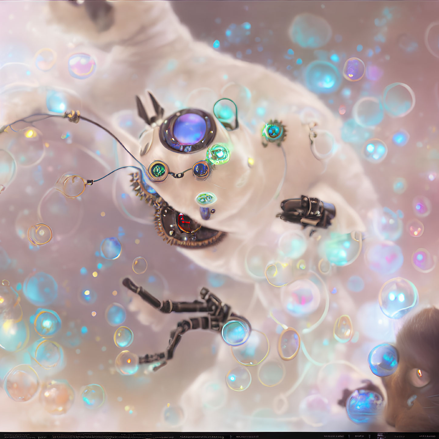 Whimsical illustration of robot with gemstone eye and iridescent bubbles