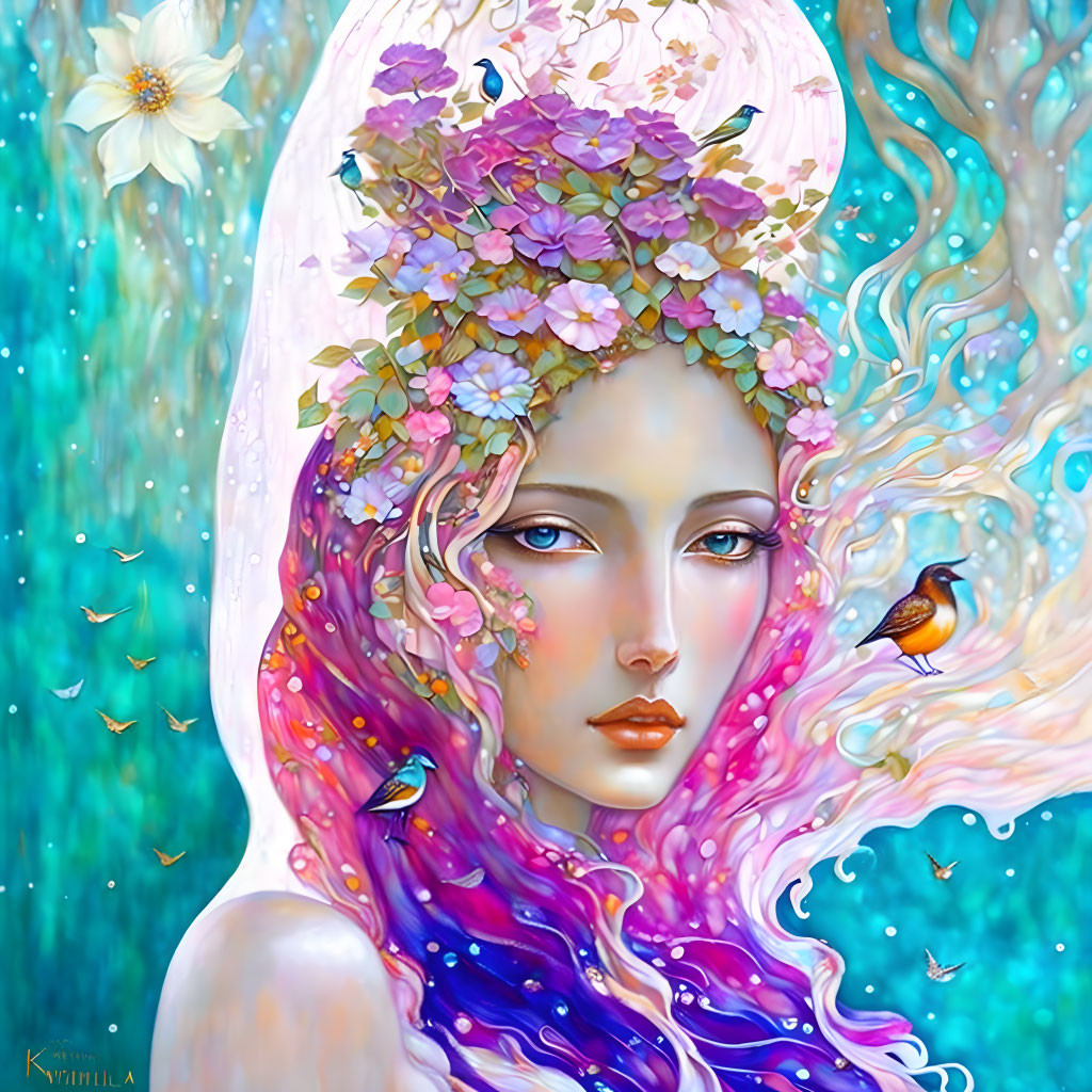 Surreal portrait of woman with pink hair, floral crown, birds, butterflies on teal background