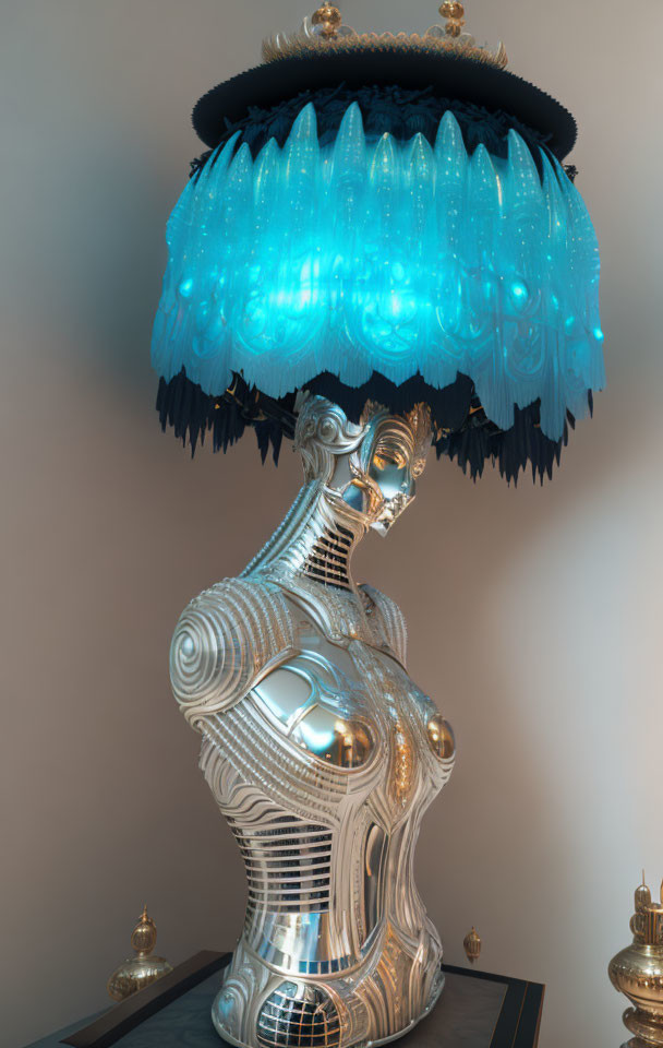 Abstract Silver Bust with Aqua-Blue Lampshade