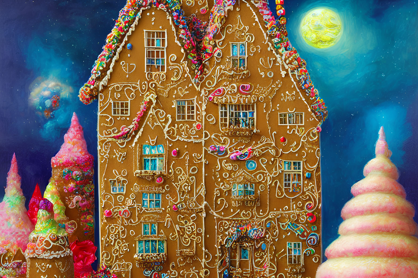 Colorful Candy-Adorned Gingerbread House under Night Sky