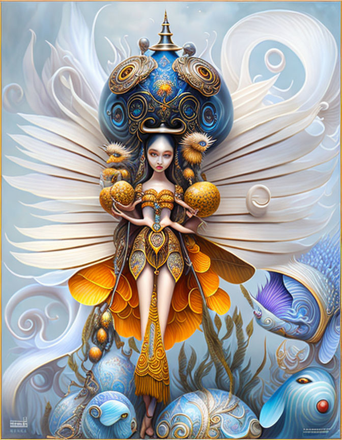 Ornate blue and gold attire on fantastical female figure amid whimsical backdrop