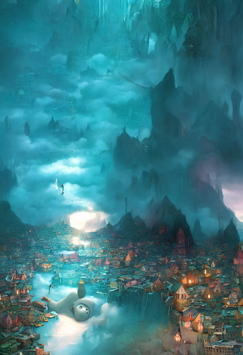 Fantastical cityscape with floating islands and airships