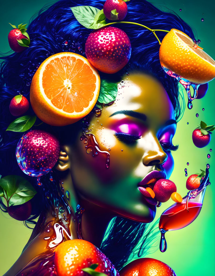 Colorful Woman Artwork with Fruits and Berries Splash