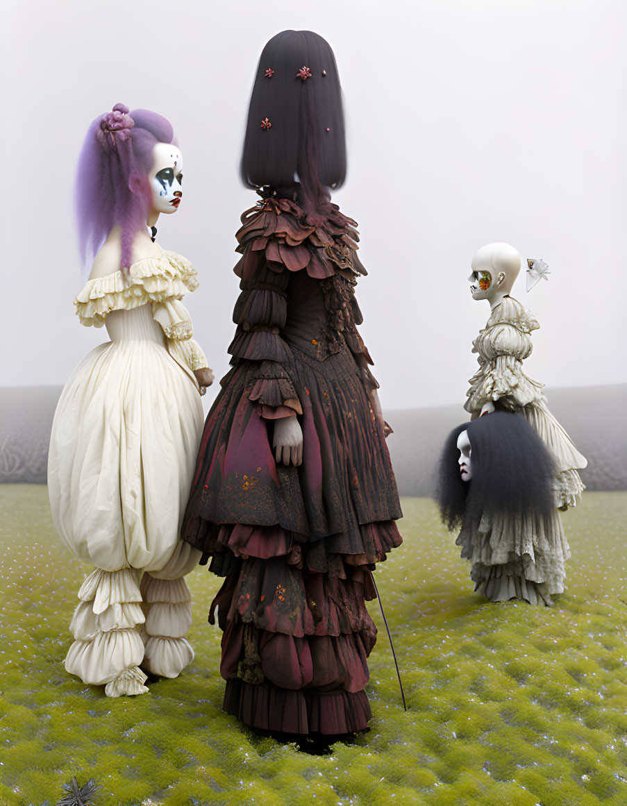 Stylized figures in elaborate dresses and theatrical makeup on green textured surface