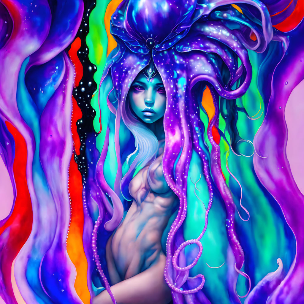 Colorful illustration of person with bluish skin and octopus elements in vibrant shades.