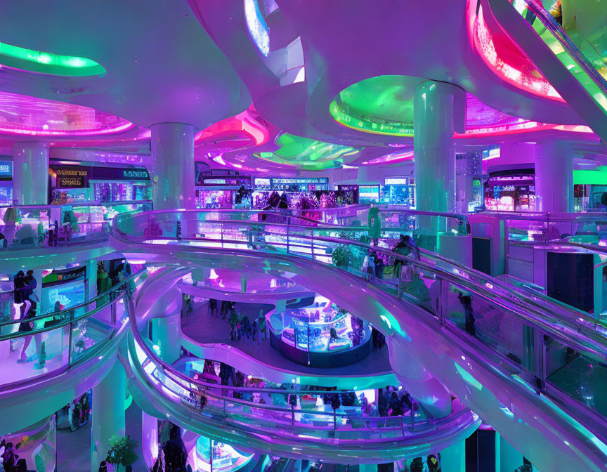 Modern shopping mall interior with neon lights & curving escalators