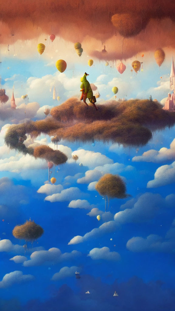 Whimsical painting of character on floating island with colorful balloons and castles