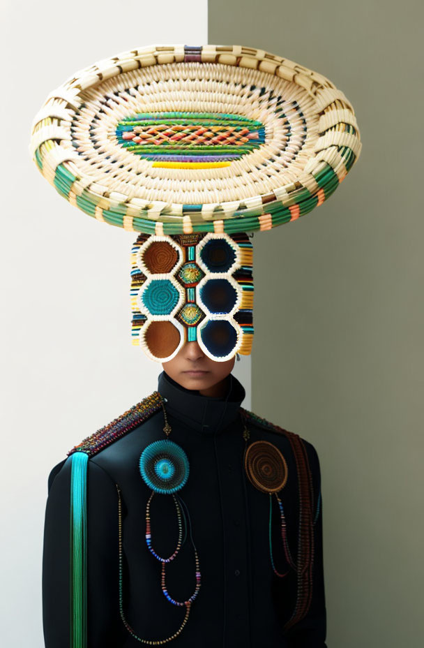 Colorful Beaded Adornments on Black Outfit with Intricate Straw Hat