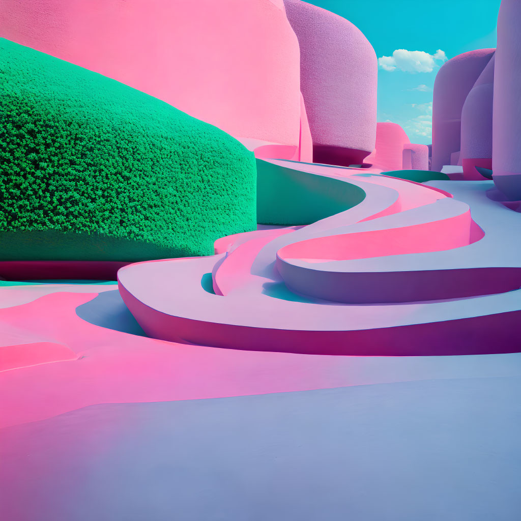 Vibrant Pink and Blue Surreal Landscape with White Paths