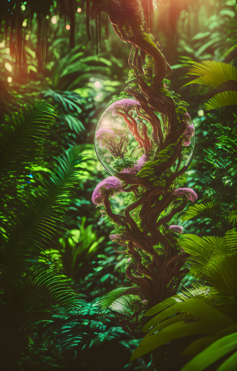 Mystical orb in lush forest with glowing light