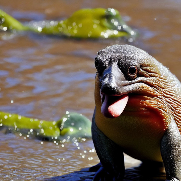 Close-up of South American yellow-spotted river turtle with open mouth in water