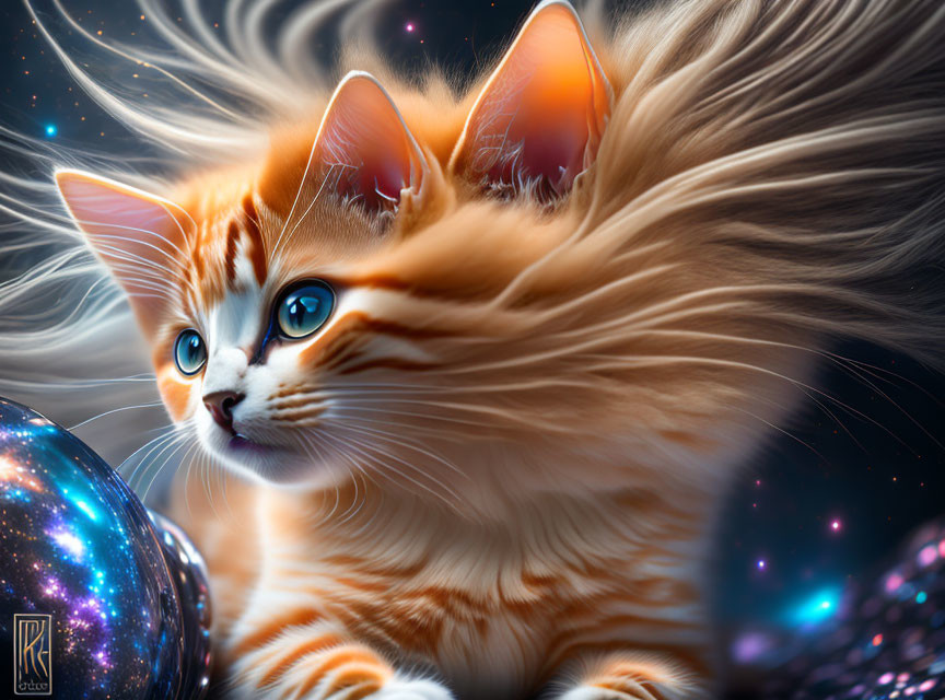 Fluffy orange-striped cat with blue eyes beside reflective sphere