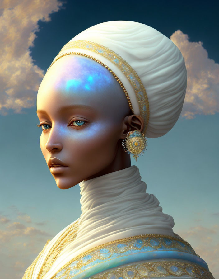 Blue-skinned woman with turban and earring on sky background.