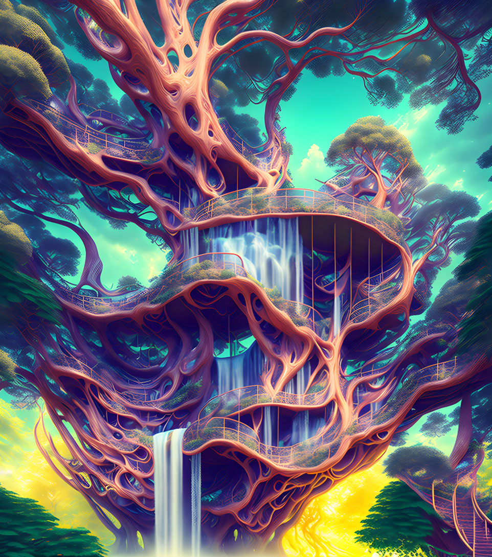 Fantastical tree with waterfall, lush foliage, and suspended walkways against vivid sky