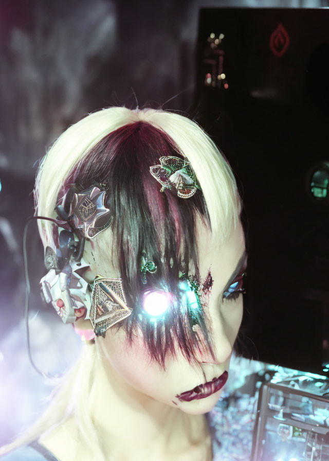 Striking makeup with glowing eye piece in tech-themed setting