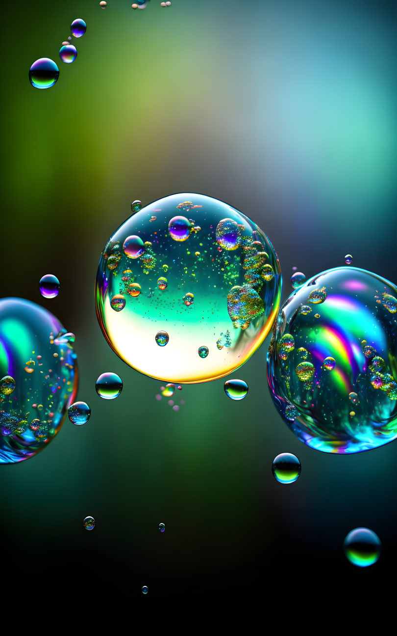 Colorful iridescent soap bubbles on green and black background