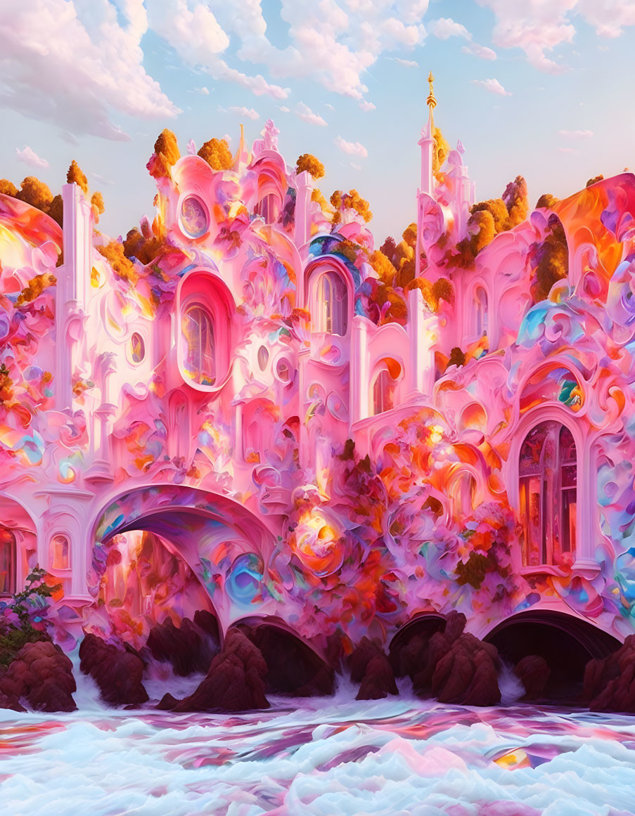 Fantastical landscape with pastel-hued architecture and whimsical structures