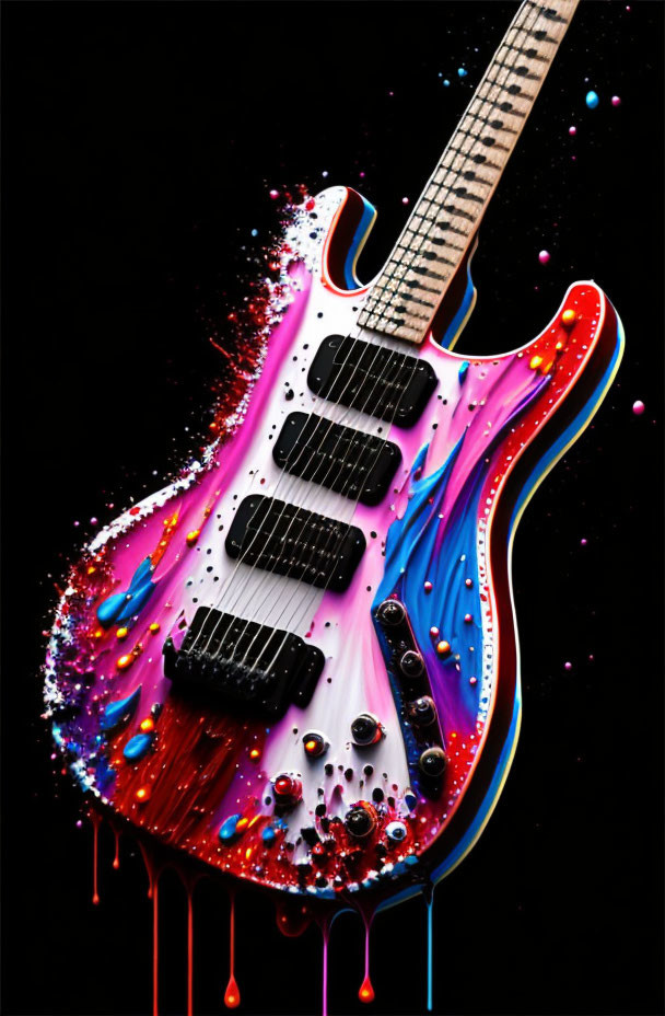 Vibrant guitar image with colorful paint splash on black background