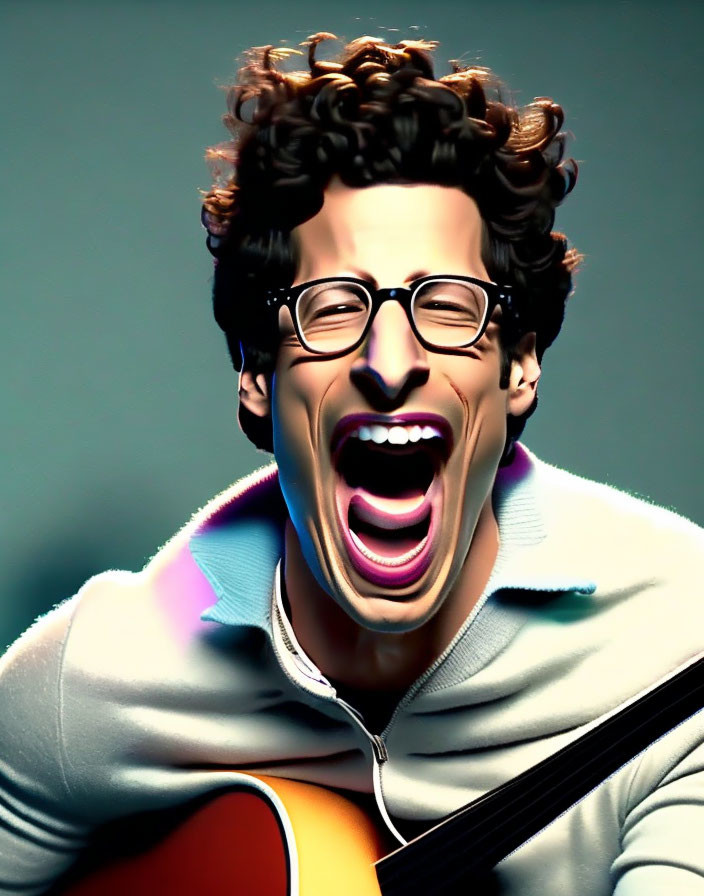 Curly-Haired Man in Glasses Singing with Guitar