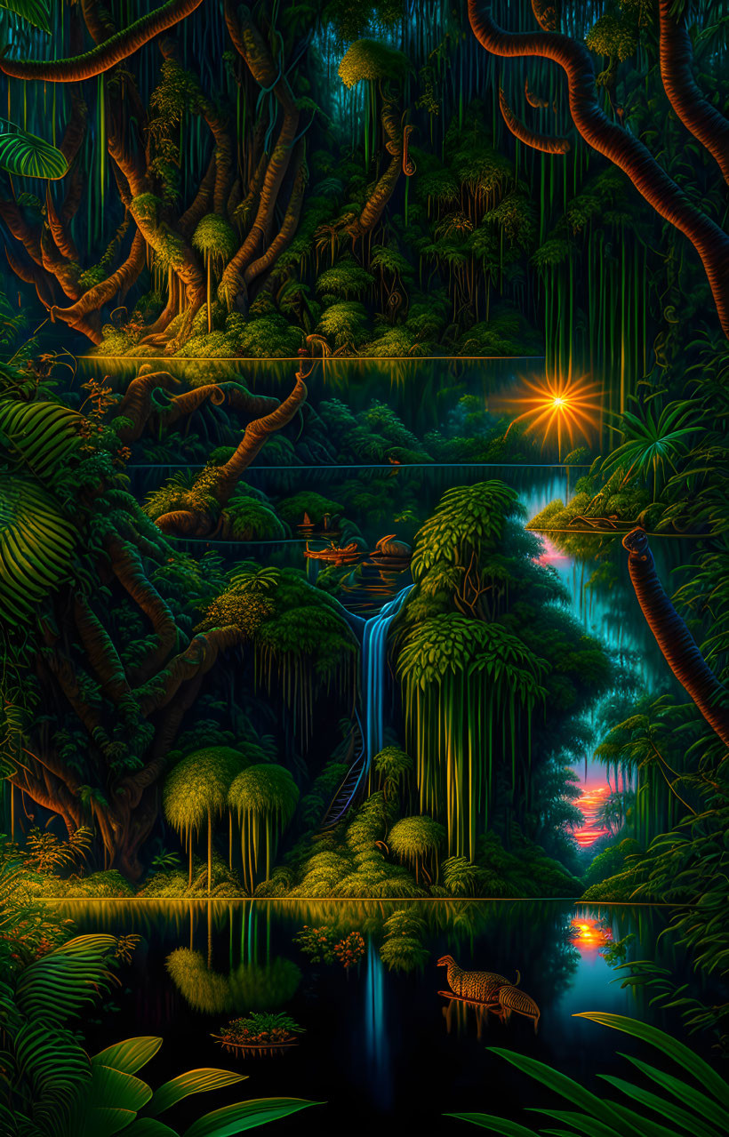 Enchanted jungle digital art with waterfalls and mystical ambiance