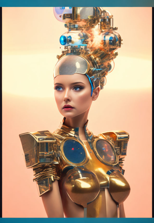 Female robot with intricate headgear and golden body on orange gradient background