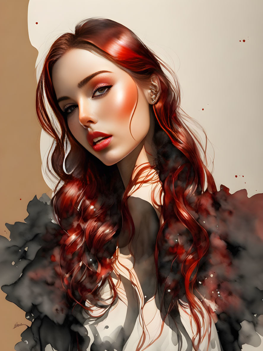 Portrait of woman with red hair and glossy lips in stylized art.