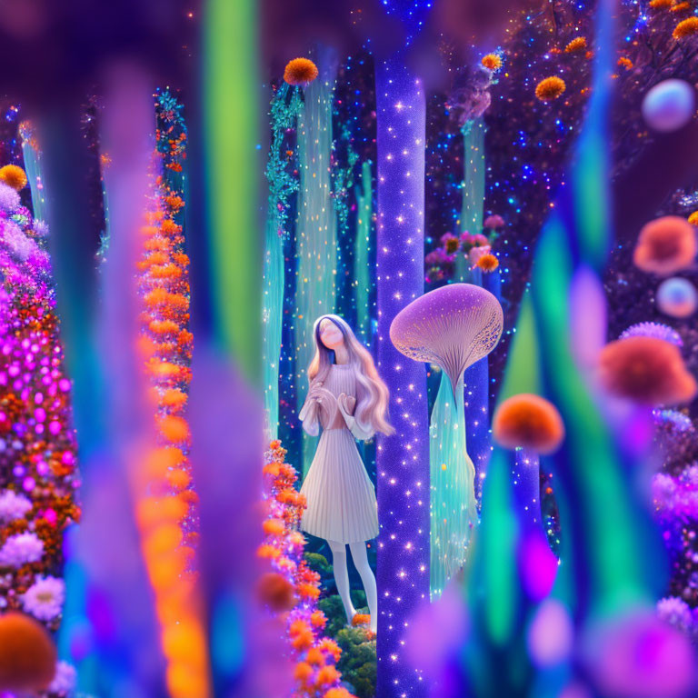 Woman in vibrant, oversized flora with illuminated mushrooms