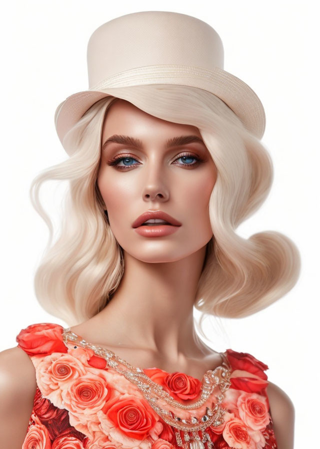 Blonde woman in cream hat and floral outfit with blue eyes and makeup