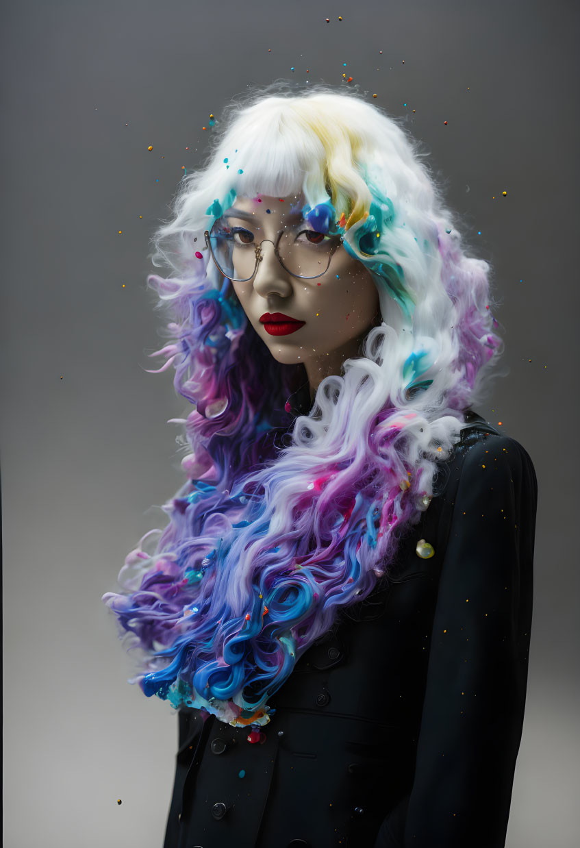 Multicolored wavy wig on mannequin with glasses and dark jacket