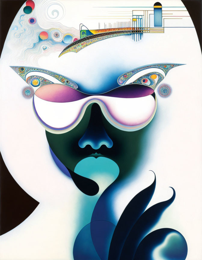 Colorful abstract face art with oversized sunglasses and whimsical patterns