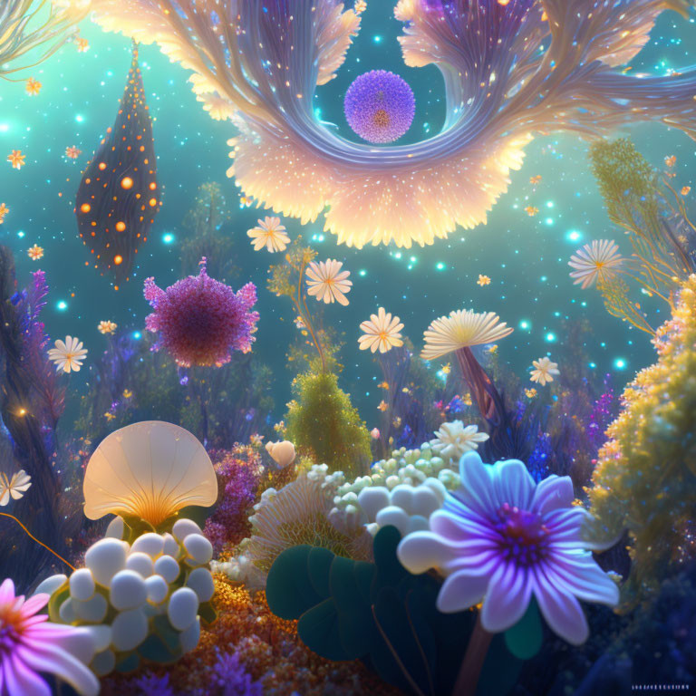 Colorful Underwater Scene with Fantastical Flora and Luminescent Plants