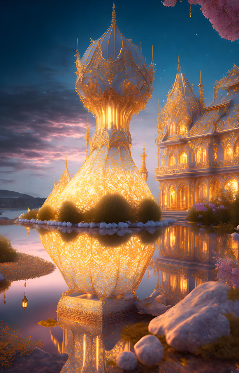 Golden palace with spires reflecting in tranquil lake at twilight