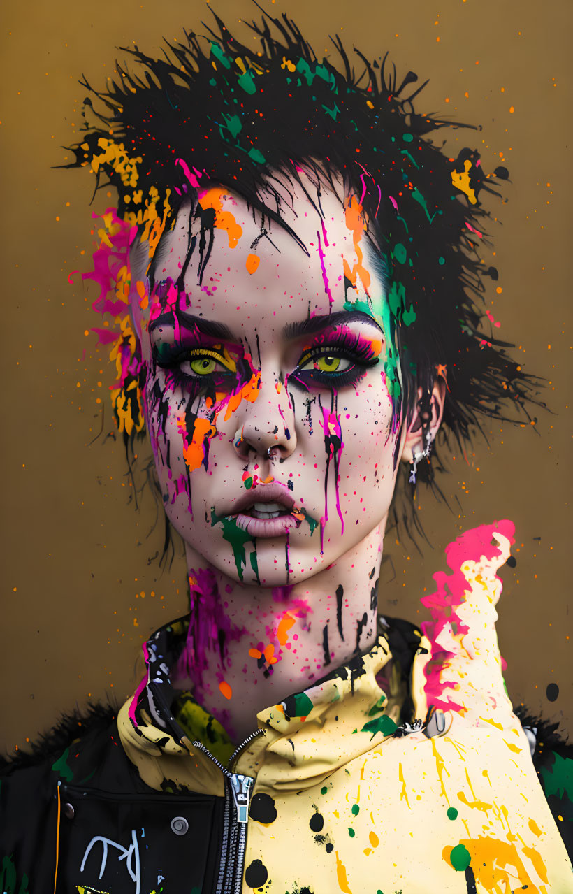 Colorful Paint Splattered Person with Mohawk on Brown Background