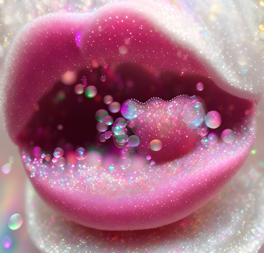 Detailed Close-Up of Pink Lips with Glitter and Bubbles on Soft Background