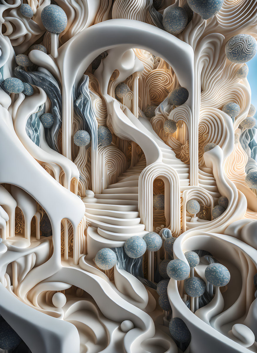 Detailed 3D digital artwork: Fluid white structures, layered textures, staircases, blue spheres