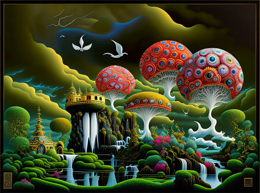 Ornate buildings, mushroom structures, waterfalls in fantasy landscape