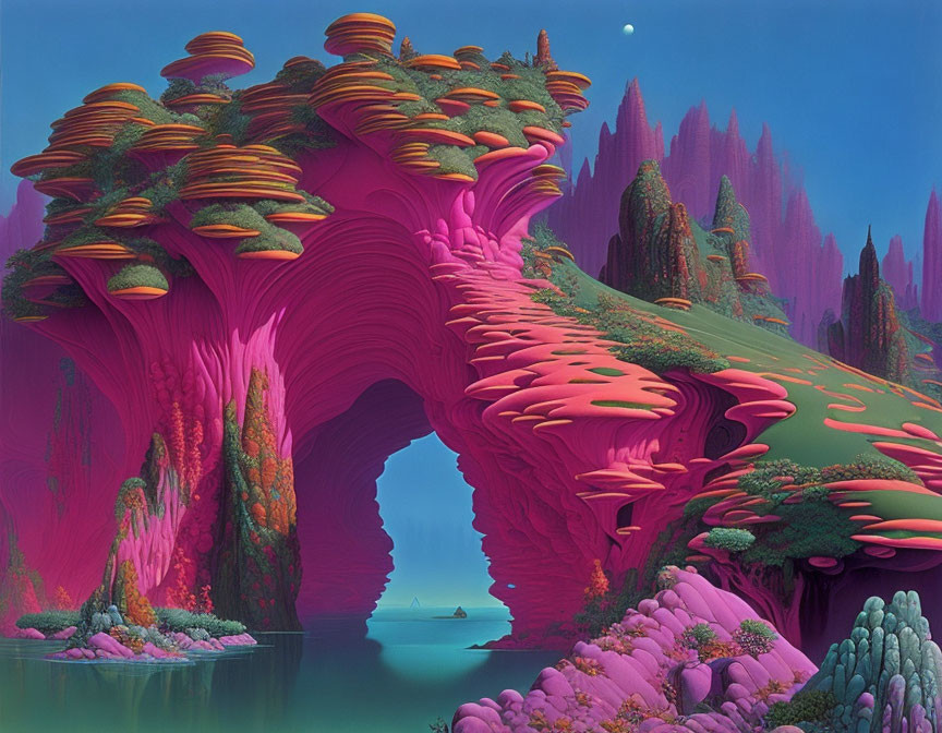 Vivid Fantasy Landscape: Pink and Red Natural Bridge Over Blue Waterway