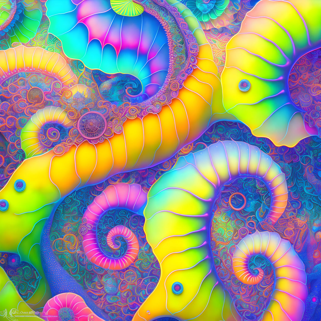 Colorful Interlocking Spirals: Psychedelic Fractal Art Resembling Sea Creatures