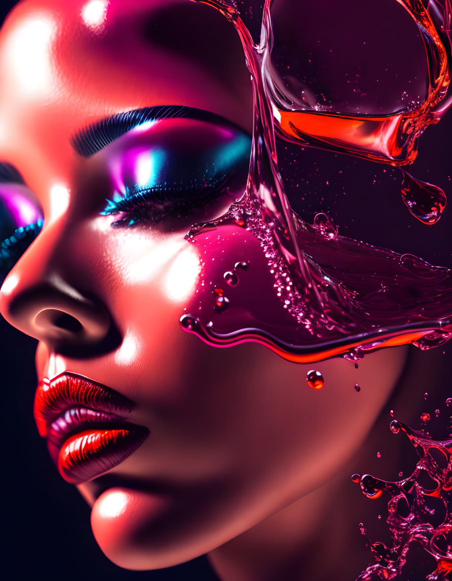 Colorful Makeup Close-Up with Digital Liquid Flow