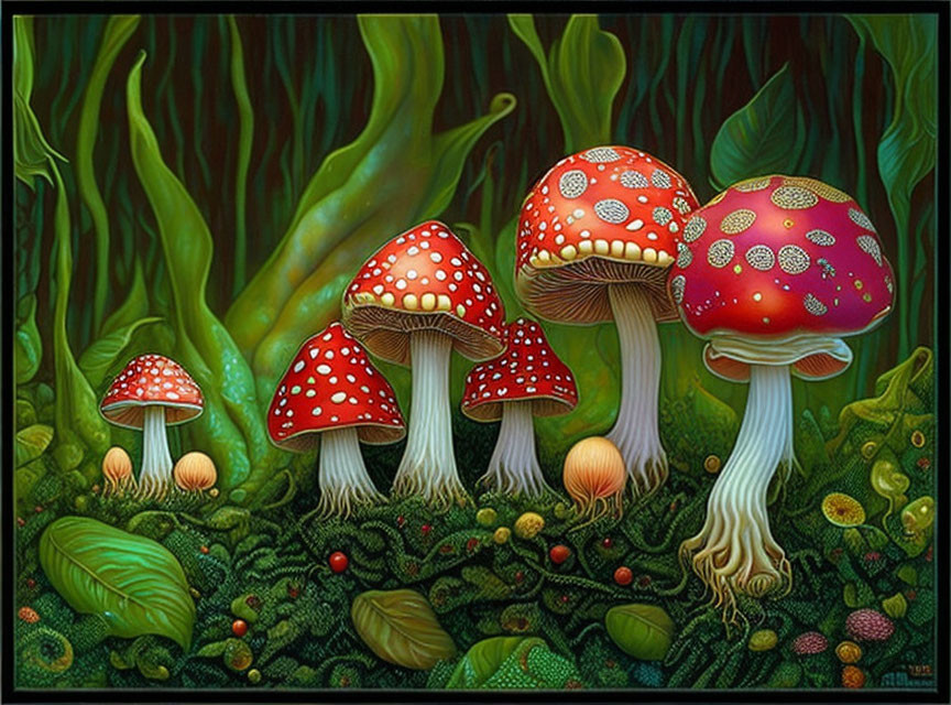 Detailed Fantasy Forest Scene with Red-Capped Mushrooms