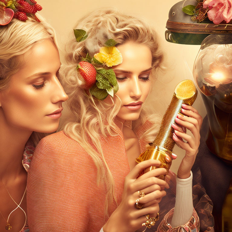 Women with floral and fruit hair accents and gold microphone in luxurious setting